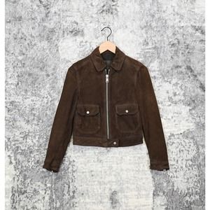 All Saints Brown Leather Suede Full Zip Orton Collared Jacket Size US 4